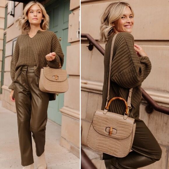 Fawn Design The Bamboo Shoulder Bag in Latte Faux Croc Purse Limited Edition NEW - Picture 2 of 16